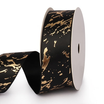 25mm Gift Ribbon Satin Marble/Crack Gold Foil Printed For Gift Wrapping