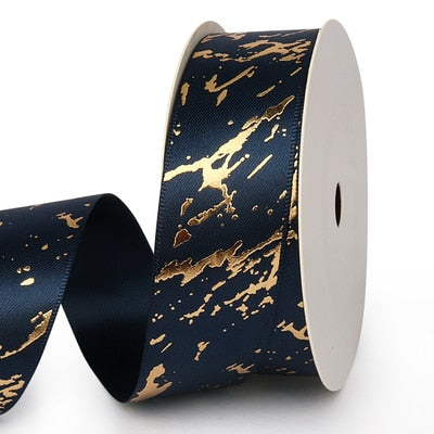 25mm Gift Ribbon Satin Marble/Crack Gold Foil Printed For Gift Wrapping