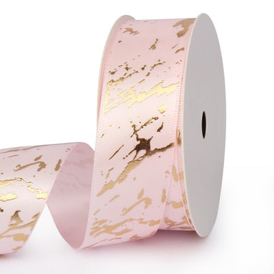 25mm Gift Ribbon Satin Marble/Crack Gold Foil Printed For Gift Wrapping