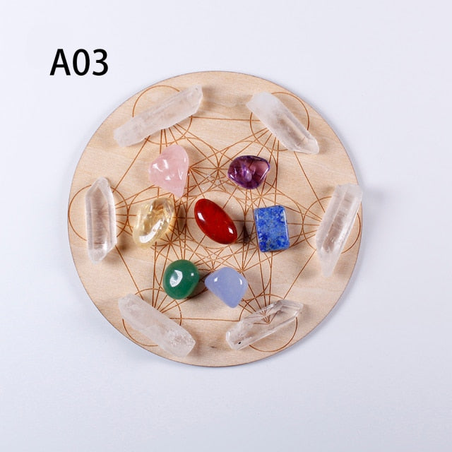 Natural Crystal Mixed  seven Chakra Healing Stone + Seven Star Array Wood Plate