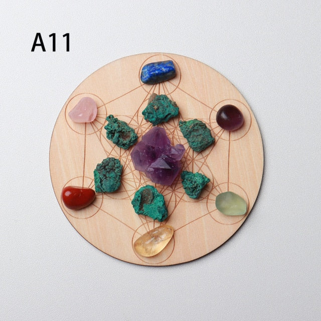 Natural Crystal Mixed  seven Chakra Healing Stone + Seven Star Array Wood Plate