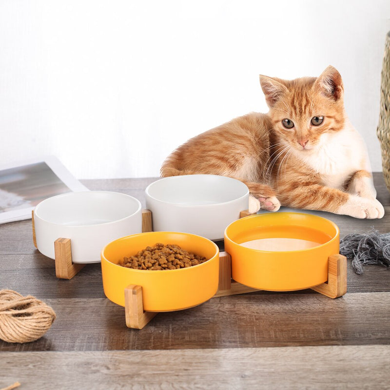 Ceramic Cat Bowl with Wood Stand