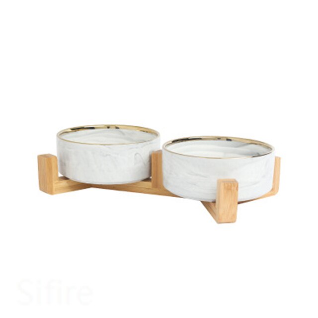 Ceramic Cat Bowl with Wood Stand