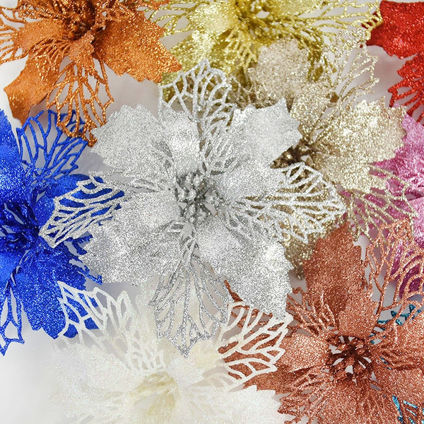 10pcs Glitter Artificial Poinsettia Flower with Berry